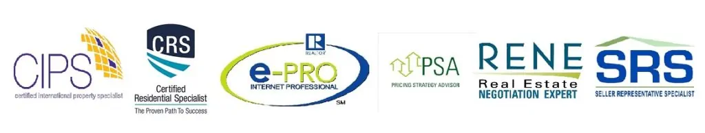 Certificate logos for CIPS, CRS, e-Pro, PSA, Rene Real estate, and SRS